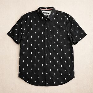 Men's Black Short-Sleeve Button-Down Shirt with White Skull Print